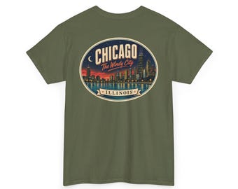Chicago - Camiseta con etiqueta de equipaje de mediados de siglo / Camiseta retro con el escudo de la ciudad y el horizonte