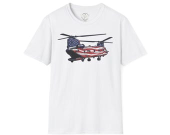 Camiseta con la bandera estadounidense y helicóptero Chinook / Camiseta militar patriótica / Regalo de aviación del ejército
