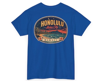 Honolulu - Camiseta con etiqueta de equipaje de mediados de siglo / Camiseta retro con insignia de la ciudad insular