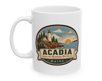 Taza de cerámica Acadia - Parque Nacional de mediados de siglo / Taza de café retro con faro de la costa de Maine / Taza de recuerdo de viaje vintage