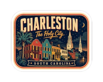 Charleston - Etiqueta adhesiva para equipaje de mediados de siglo / Calcomanía de viaje retro de Carolina del Sur / Ciudad Santa