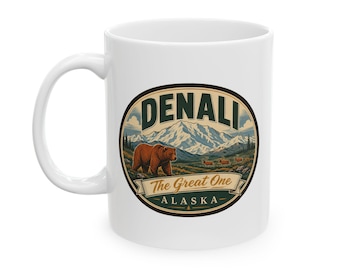 Taza de cerámica del Parque Nacional Denali - Mediados de siglo / Taza de café retro de las montañas de Alaska / Taza de recuerdo de viaje vintage