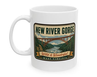 Taza de cerámica del Parque Nacional New River Gorge - Mediados de siglo / Taza de café retro del desfiladero de Virginia Occidental / Taza de recuerdo de viaje vintage