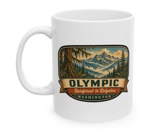 Taza de cerámica con diseño de parques nacionales olímpicos de mediados de siglo / Taza de café retro de la selva tropical de Washington / Taza de recuerdo de viaje vintage