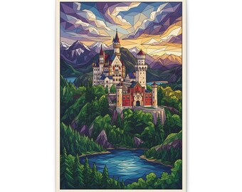Lienzo con diseño de castillo de cuento de hadas en vidrieras / Arte mural de castillo europeo encantado, regalo de decoración de fantasía para el hogar