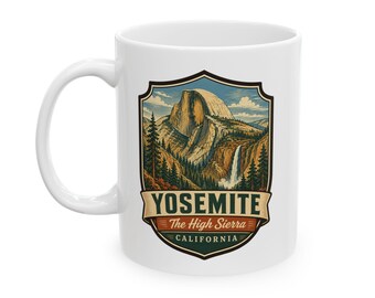 Taza de cerámica de Yosemite - Parque Nacional de mediados de siglo / Taza de café retro con cascada de California / Taza de recuerdo de viaje vintage