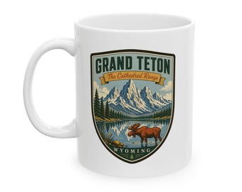Taza de cerámica del Parque Nacional Grand Teton de mediados de siglo / Taza de café retro de las montañas de Wyoming / Taza de recuerdo de viaje vintage