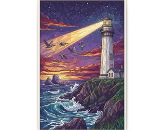 Lienzo con imagen de un faro al atardecer / Arte mural costero vibrante, decoración náutica de cielo púrpura, regalo artístico con paisaje oceánico