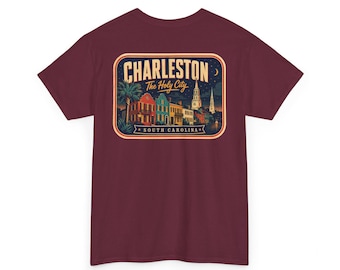 Charleston - Camiseta con etiqueta de equipaje de mediados de siglo / Camiseta con insignia retro del horizonte de la ciudad