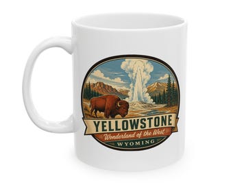 Yellowstone - Taza de cerámica del Parque Nacional de mediados de siglo / Taza de café retro con géiseres de Wyoming / Taza de recuerdo de viaje vintage