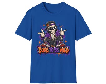 Camiseta Bone To Be Wild Skeleton DJ / Camiseta con estampado de calavera de Halloween / Camiseta para amantes de la música espeluznante / Regalo divertido de esqueleto / Camiseta de Halloween