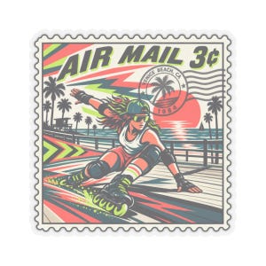 Inline Skater Sticker | Vintage Air Mail Stamp Art | Sunset Boardwalk Decal | Skater Gift | Kiss-Cut Vinyl Sticker