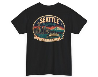 Seattle - Camiseta con etiqueta de equipaje de mediados de siglo / Camiseta retro con el escudo de la ciudad y el horizonte
