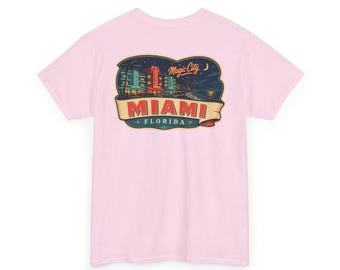 Miami - Camiseta con etiqueta de equipaje de mediados de siglo / Camiseta retro con el escudo de la ciudad y el horizonte