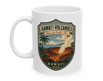 Taza de cerámica con diseño de volcanes de Hawái - Parque Nacional de mediados de siglo / Taza de café retro con diseño de volcanes de Hawái / Taza de recuerdo de viaje vintage
