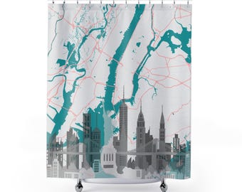 Cortina de ducha con mapa de la ciudad en verde azulado / Decoración de baño con silueta de horizonte