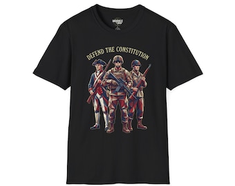 Camiseta de soldados "Defiende la Constitución" con diseño patriótico de la bandera estadounidense y la milicia.