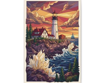 Cuadro de faro con vidrieras / Arte mural geométrico costero, decoración náutica, regalo artístico con temática de puesta de sol sobre el océano