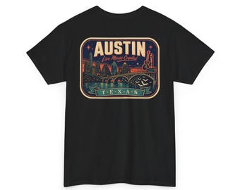 Austin - Camiseta con etiqueta de equipaje de mediados de siglo / Camiseta retro con el escudo de la ciudad y el horizonte