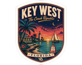 Etiqueta adhesiva para equipaje de Key West de mediados de siglo / Calcomanía de viaje retro de Florida / Recuerdo de la República de Conch
