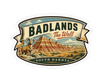 Pegatina, camiseta y taza del Parque Nacional Badlands - Set de regalo de viaje vintage de mediados de siglo por Dakota del Sur