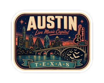 Austin - Etiqueta adhesiva para equipaje de mediados de siglo / Calcomanía de viaje retro de Texas / Recuerdo de la capital de la música en vivo