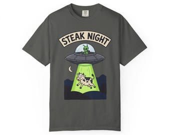 Alien Abduction Cow Steak Night T-Shirt | Funny UFO Graphic Tee | BBQ Humor Gift