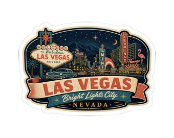 Las Vegas - Etiqueta adhesiva para equipaje de mediados de siglo / Calcomanía de viaje retro de Nevada / Ciudad de luces brillantes