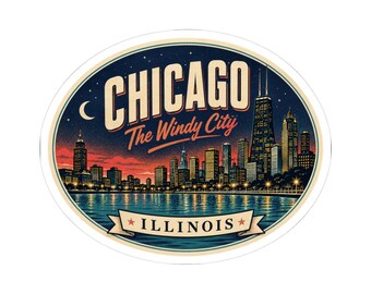 Chicago - Etiqueta adhesiva para equipaje de mediados de siglo / Calcomanía de viaje retro de Illinois / Recuerdo de la Ciudad de los Vientos
