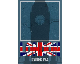 May include: A rectangular poster featuring a blue map of London with the silhouette of Big Ben and the London Eye. The word "LONDON" is in bold letters with the Union Jack flag design. The text "ESTABLISHED 47 A.D." is below.