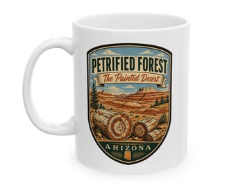 Taza de cerámica con diseño del Bosque Petrificado - Parque Nacional de mediados de siglo / Taza de café retro con diseño del desierto de Arizona / Taza de recuerdo de viaje vintage