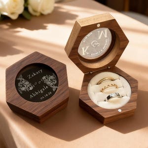 Boîte pour alliances personnalisée à trois emplacements hexagonale, Boîte à bagues de 3 emplacements, Boîte à bagues en bois 3 emplacements, Boîte à trois anneaux, Boîte à bagues en velours 3 emplacements