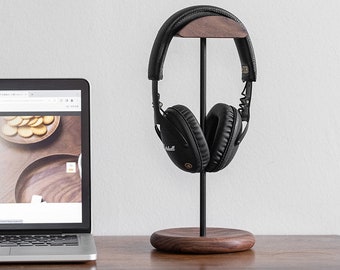 Wood Headphone Holder, Headphone Stand, Walnut and Aluminum alloy, 30cm Gaming Headset Stand, Modern Headphone Stand, Gift for Music Lover
