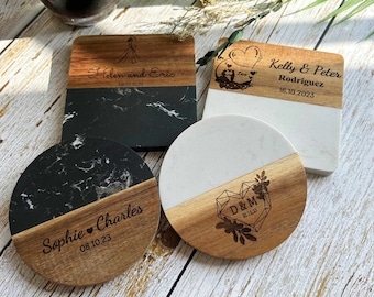 Personalisierte gravierte Marmor-Holz-Untersetzer, benutzerdefinierte Untersetzer Geschenke-Set neues Zuhause Geschenk, Housewarming-Geschenke Hochzeitsgeschenke Brautparty-Geschenke