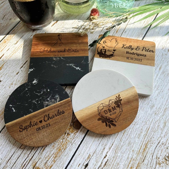 Personalized Engraved Marble Wood Coasters, Custom Coasters  Gifts Set New Home Gift, Housewarming Gifts Wedding Gifts Bridal Shower Gifts