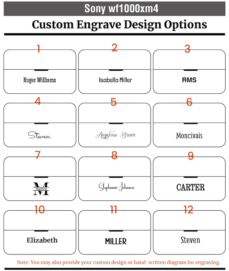 Puede incluir: Un diagrama que muestra 12 opciones de dise&ntilde;o diferentes para el grabado personalizado en los auriculares Sony wf1000xm4. Cada opci&oacute;n est&aacute; numerada e incluye un nombre o dise&ntilde;o de muestra.
