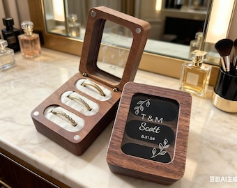 Custom Wedding Ring Box, Triple Flip Wood Ring Box, 3 slots Ring Box, Engagement Ring Box, Ring Bearer Ring Box, Heirloom Ring Box Holder