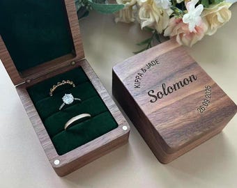 Custom Green Wedding Ring Box, Engraved Wood Ring Box, 3 slots Ring Box, Engagement Ring Box, Ring Bearer Holder, Heirloom Ring Box Holder
