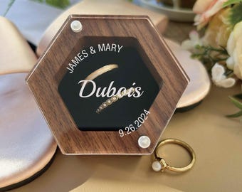 Personalized Walnut Wood Hexagon Ring Box, Engraved Proposal Ring Holder