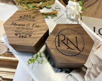 Personalized Hexagon Walnut Wedding Ring Box, Triple Slot