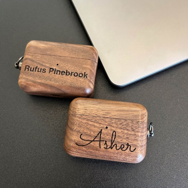 Etui AirPods Pro 1/2 en bois gravé personnalisé, housse de protection en bois pour Airpods, housse pour écouteurs avec porte-clés, cadeau d'anniversaire, cadeau père