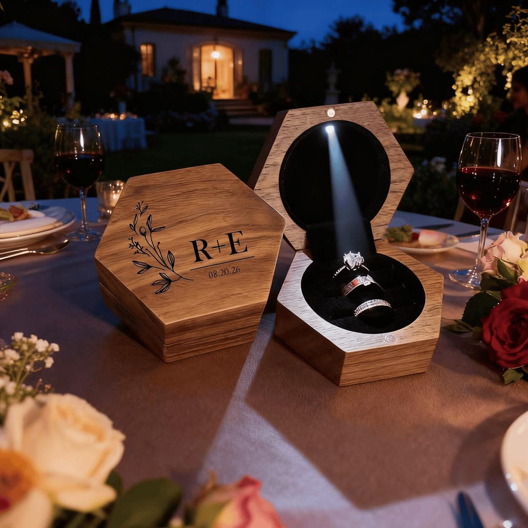 Personalized Hexagon Triple Slot Wedding Ring Box With Light, 3 Slot ...
