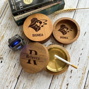 Cenicero de cigarrillos personalizado con tapa, cenicero de madera de nogal, cenicero redondo resistente al viento, regalo para fumadores, regalo personalizado para él