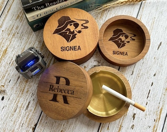 Custom Walnut Wood Ashtray with Lid, Windproof Smoker Gift