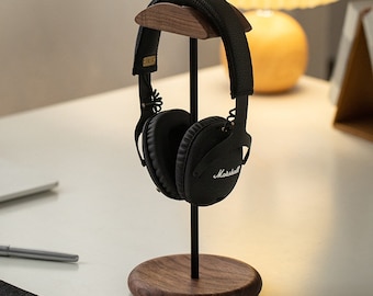 Headphone Stand, Wood Headphone Holder, Walnut and Aluminum alloy, 30cm Gaming Headset Stand, Father Gift, Gift for Music Lover