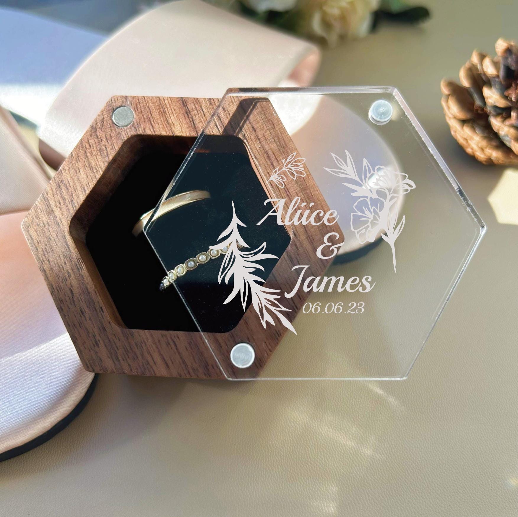 Custom Round Triple Slot Wedding Ring Box, 3 Slot Ring Box, Wood Ring ...