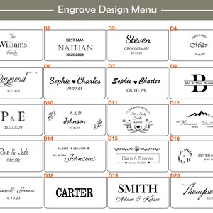 Pu&ograve; includere: Una lavagna bianca con 20 diverse opzioni di design di incisione per una scatola di legno. Ogni design &egrave; numerato e include testo come nomi, date e titoli come "Best Man" e "Groomsmans".