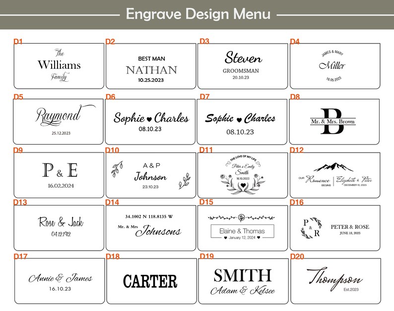 Pu&ograve; includere: Una lavagna bianca con 20 diverse opzioni di design di incisione per una scatola di legno. Ogni design &egrave; numerato e include testo come nomi, date e titoli come "Best Man" e "Groomsmans".