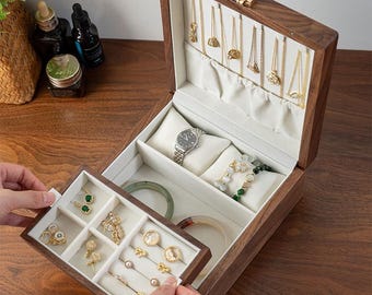 Engraved Walnut Wood Jewelry Box, Necklace Organizer, Personalized Gift