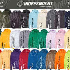May include: A chart displaying 36 different coloured hooded sweatshirts. The sweatshirts are arranged in a grid of six rows and six columns. The colours include: alpine green, army, army heather, black, black camo, blue aqua, bone, charcoal, charcoal heather, classic navy, classic navy heather, forest camo, forest green, gold, grey heather, gunmetal heather, kelly green, kelly green heather, lavender, light pink, light yellow, maroon, mint, neon pink, orange, peach, purple, red, royal, royal heather, saddle, safety orange, safety yellow, sandstone, and white. The text "SS4500 Hooded" and "80 20 Cotton Polyester" is at the top of the chart. The text "Available Sizes" and "S M L XL XXL XXXL" is at the top right of the chart. The text "INDEPENDENT TRADING COMPANY" is at the top centre of the chart.